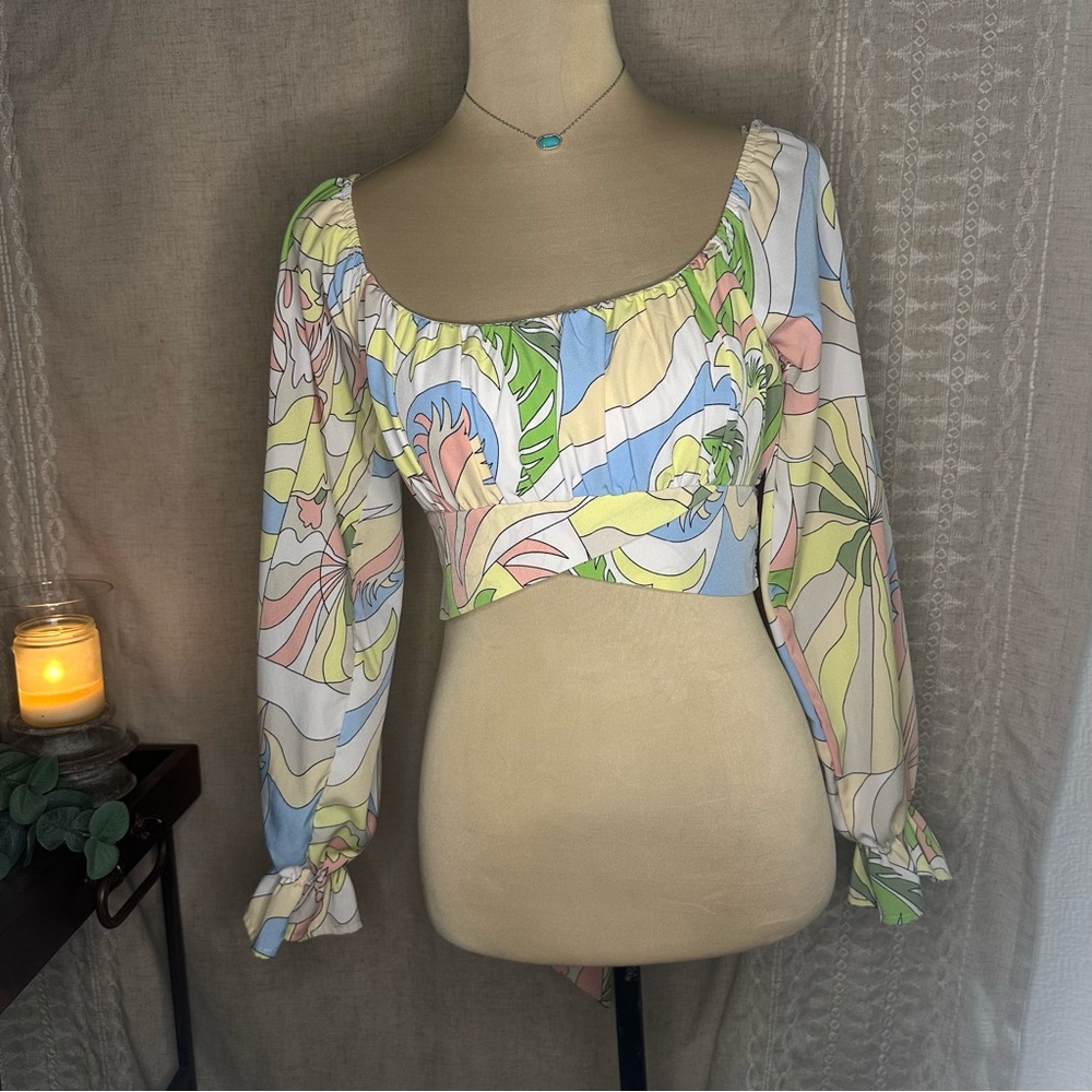 Milk & Honey Pastel Waist Wrap Crop Blouse XS Multicolor Print